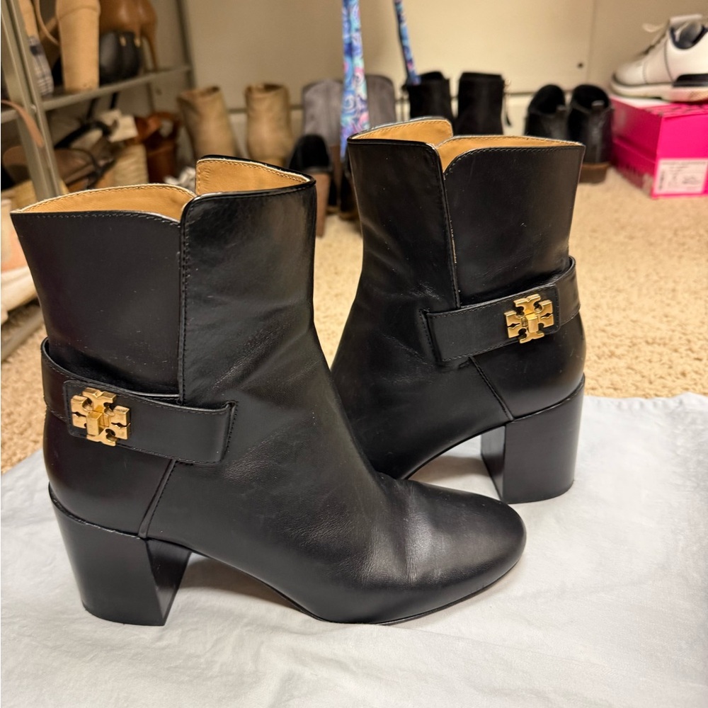 Tory Burch Black Heeled Boots with Gold Emblem